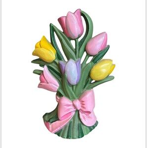 Vintage Doorstop Cast Iron Tulip Bouquet Purple Yellow Pink Bow cottagecore